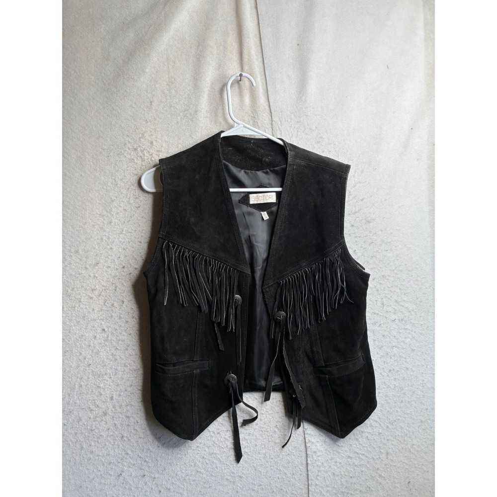Ssatori Black Suede Leather Fringe Vest Western Boho Concho Button Women Large